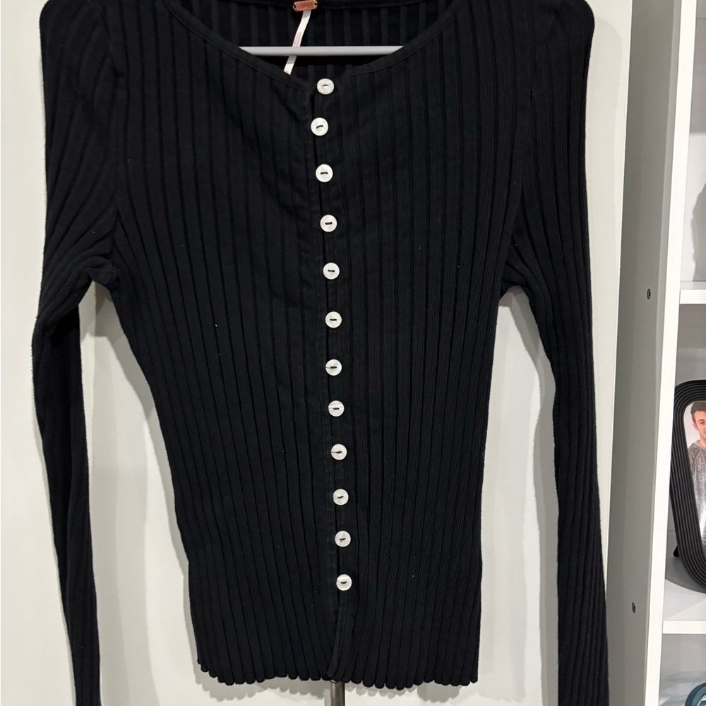 Free People Black Ribbed Button-Down Shirt